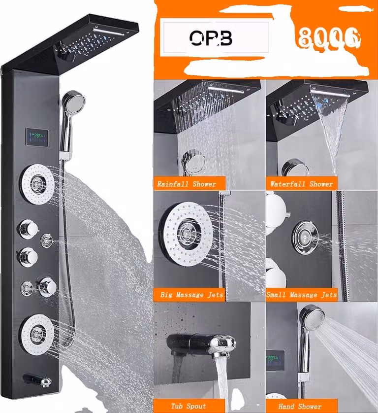Pannello doccia a LED, soffione in ottone resistente, regolabile in altezza, Orb 8006