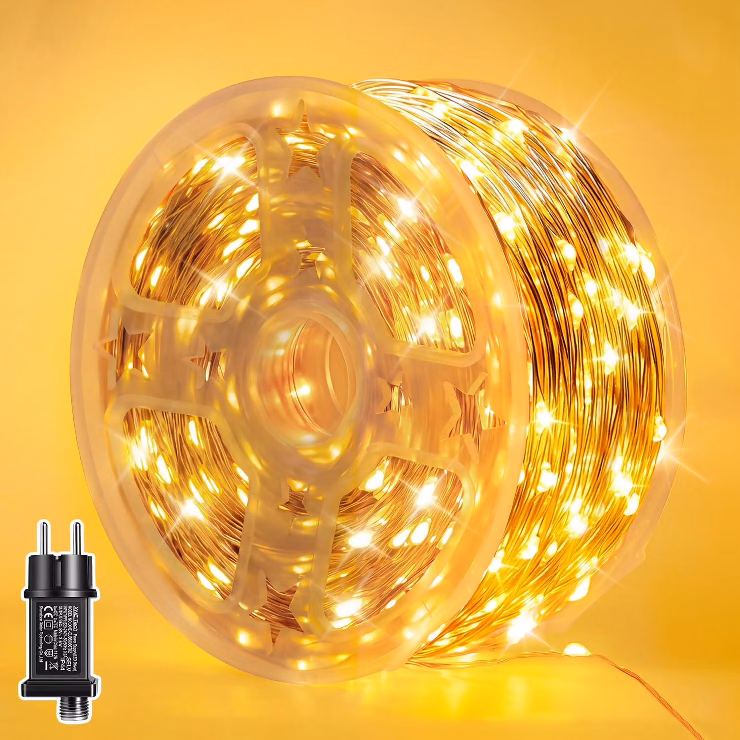 Catena luminosa da 12 metri, con 120 LED, luce bianco caldo, grado di protezione IP44, 8 modalità, timer