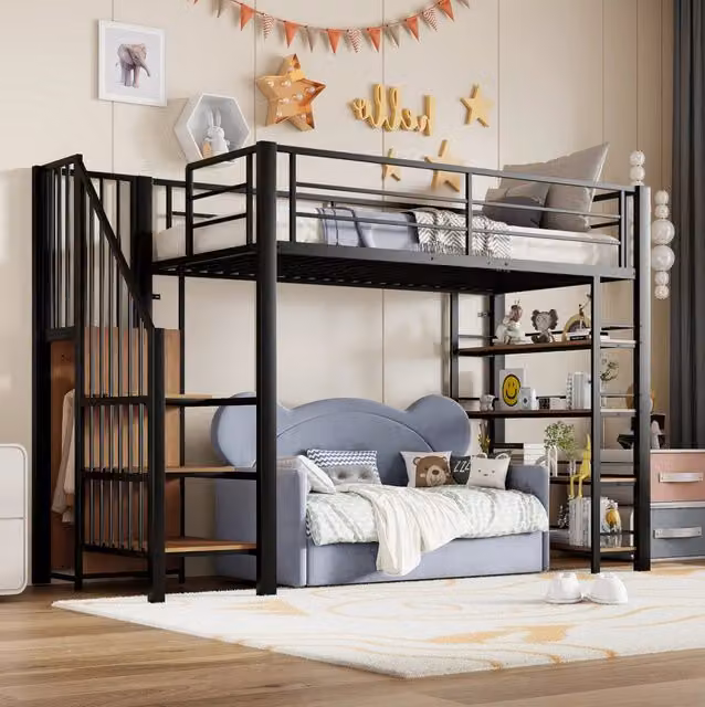 Letto a castello 90x200 cm in ferro con scala di sicurezza, armadio piccolo e ripiani, design con alta barriera, colore nero