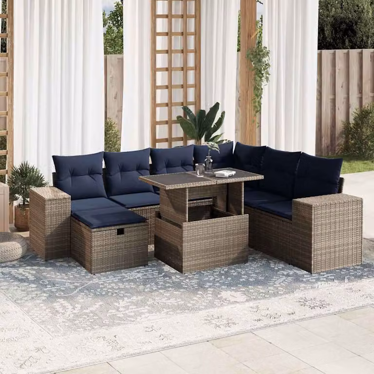 Set di divani da giardino vidaXL in polyrattan con cuscini grigi e blu, 8 pezzi