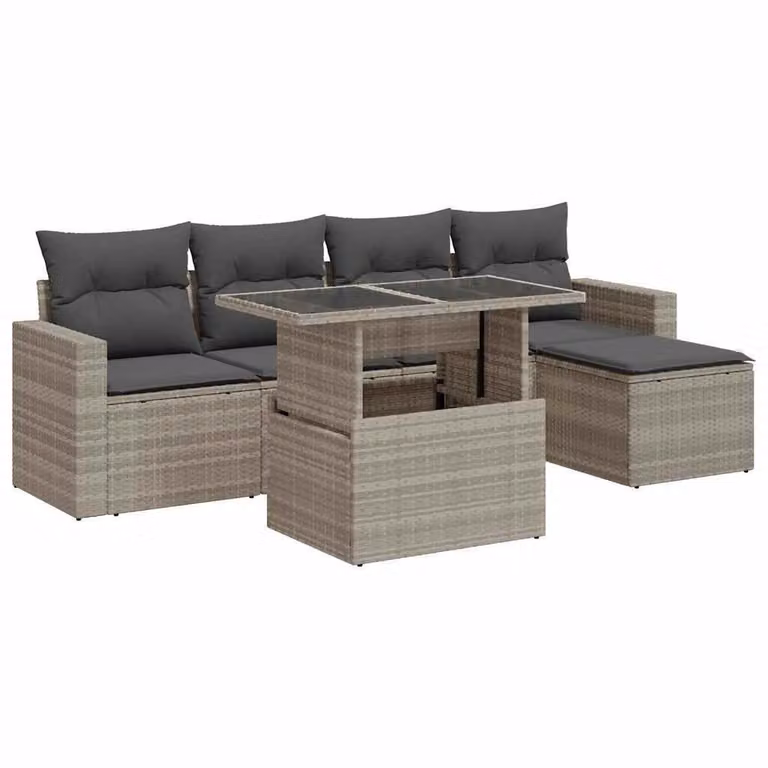 Set Divano da Giardino 6pz con Cuscini Grigio Chiaro Polyrattan