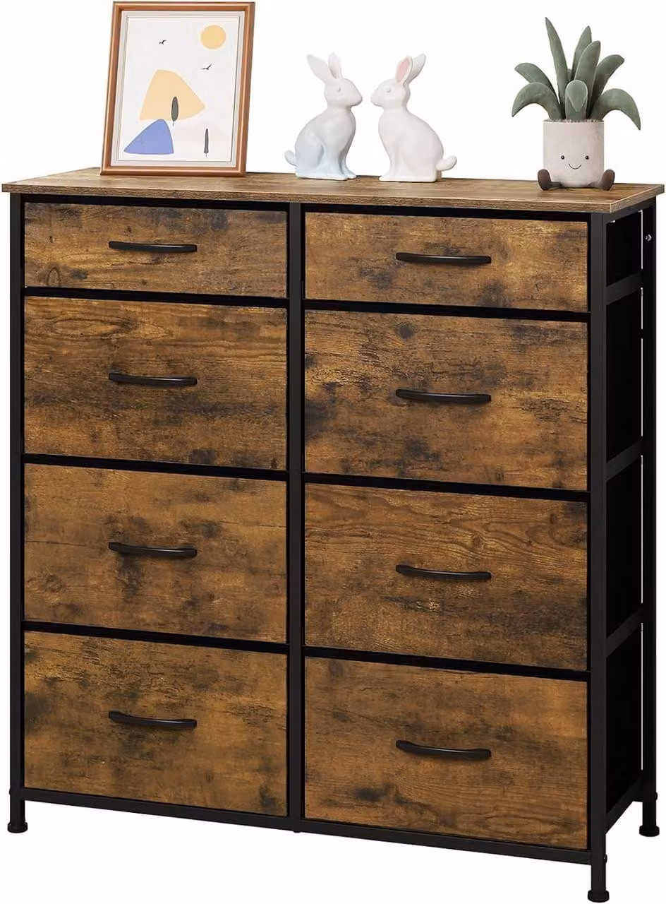 Comodino con 8 cassetti rivestiti in tessuto e struttura in metallo | Colore marrone vintage | Dimensioni: 86x30x89 cm