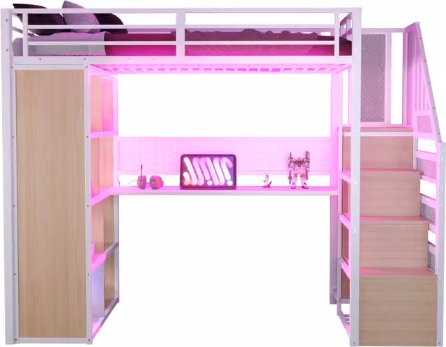 Letto a soppalco 90 × 200 cm 1 posto con armadio, scrivania, LED e vani, senza materasso, in metallo e legno bianco