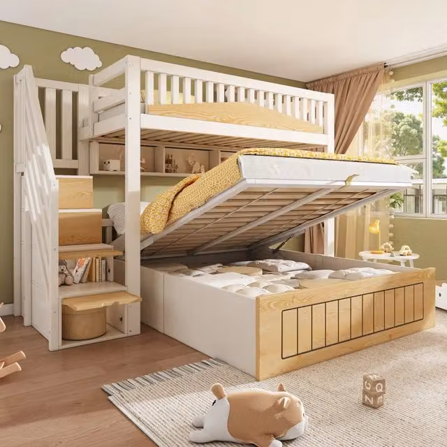 Letto a castello 3 posti 200×90 cm e 200×140 cm, contenitore, prese USB e USB-C, senza materasso, bianco naturale