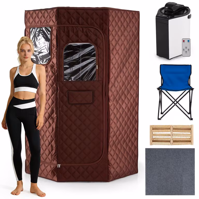 COSTWAY, sauna a vapore da 3 litri, sauna domestica a 9 livelli, tenda per sauna con timer, cabina sauna per tutto il corpo con generatore di vapore da 3 litri, massaggiatore per i piedi in legno e sedia pieghevole, colore marrone
