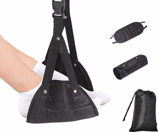 Unyqoos® Poggiapiedi regolabile da appendere per aereo – amaca da viaggio pieghevole, con altezza regolabile (cinghia da 90 a 160 cm), realizzata in morbida schiuma di alta qualità, compatta