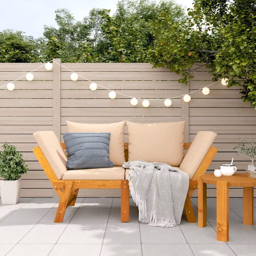 vidaXL Panca da Giardino 2-in-1 in Legno di Acacia con Cuscini Beige e Marrone L: 160 cm, P: 74 cm, H: 66 cm