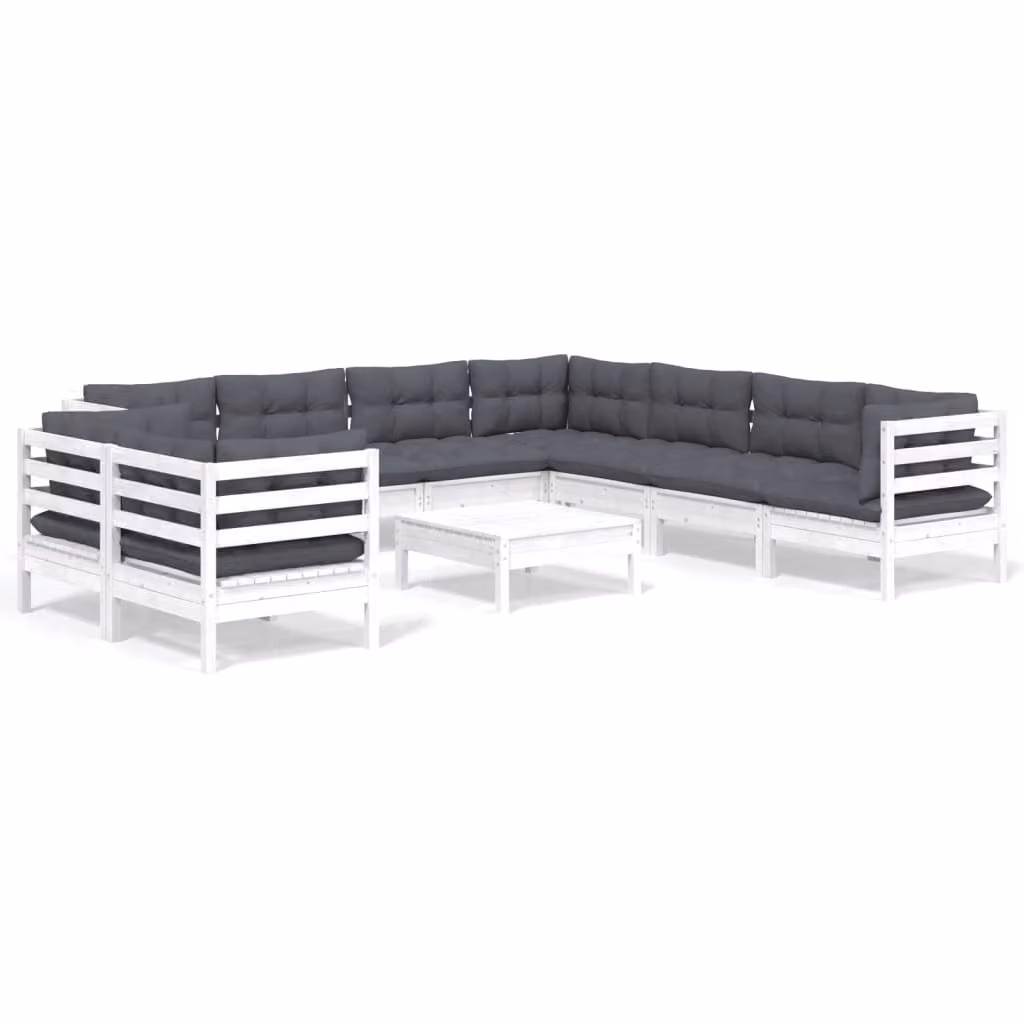 Set Divani da Giardino 10 pz con Cuscini Bianchi Legno di Pino