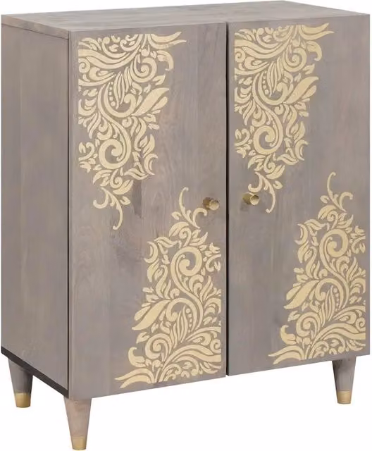 Credenza moderna vidaXL in legno di mango con decoro floreale, Grigio e Oro, L: 60 cm, P: 33 cm, H: 75 cm