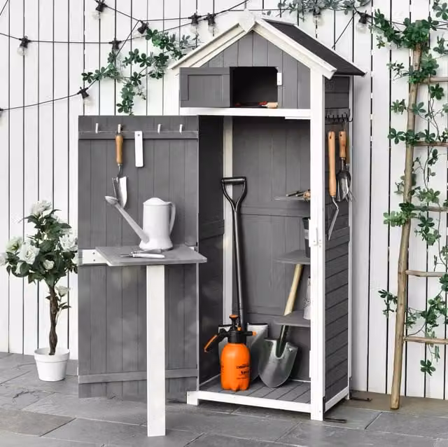 Armadio da giardino ULEVR 78x52,5x182 cm con porta chiudibile, tavolo pieghevole e ripiani, legno grigio scuro