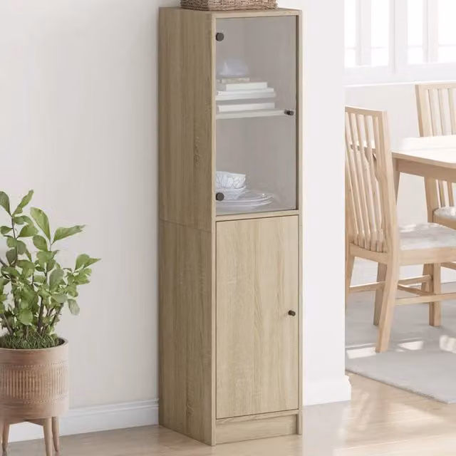 Credenza Buffet Design Mania con Ante in Vetro e Finitura Rovere, L/P/H: 35 x 37 x 142 cm