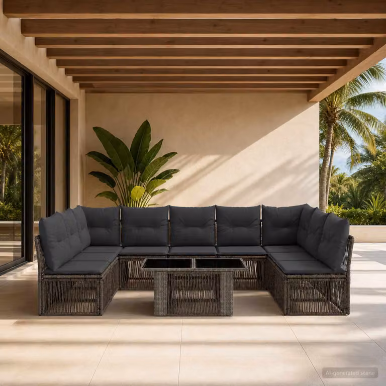 Set Divano da Giardino vidaXL 10 Pezzi Grigio in Polyrattan con Cuscini e Tavolino