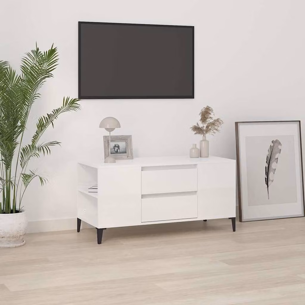 vidaXL Mobile Porta TV Bianco Lucido in Legno e Metallo L: 102 cm, P: 44,5 cm, H: 50 cm