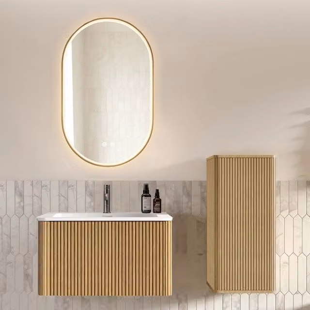Mobile sottolavabo sospeso con lavabo e colonna laterale specchio LED antiappannamento rovere per bagno moderno