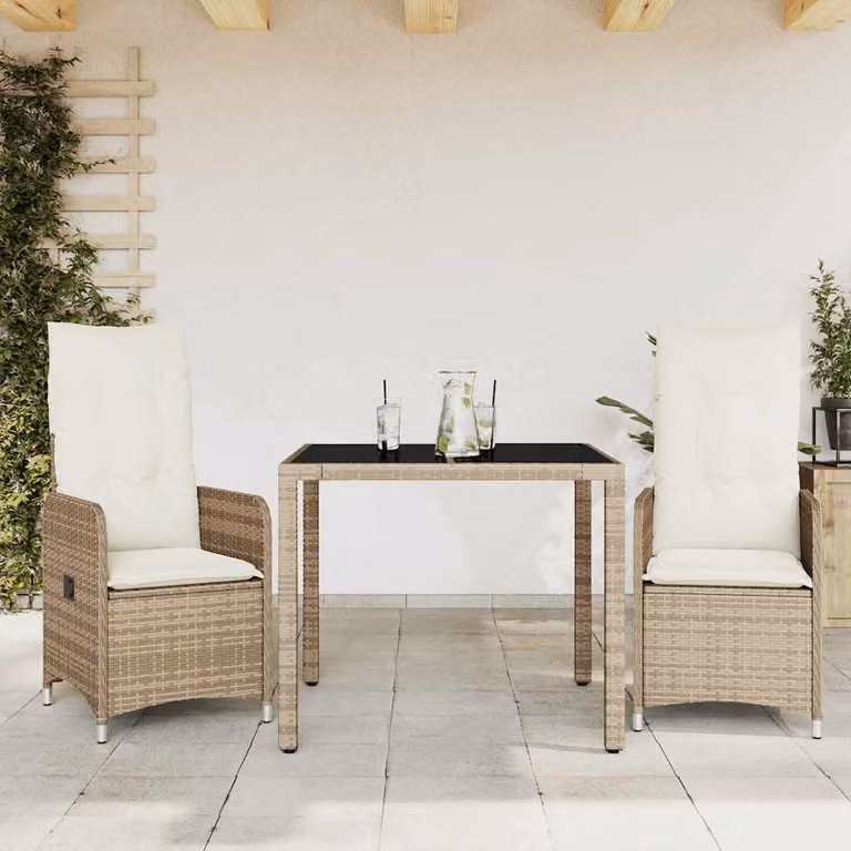 Set da Bistrò da Giardino 3 pz vidaXL in Polyrattan con Cuscini Beige e Piano in Vetro