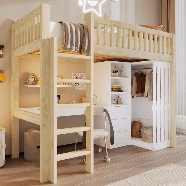 Letto a Soppalco con Scrivania, Armadio e Cassetti ¨C Xylo ¨C 90x200cm, Naturale