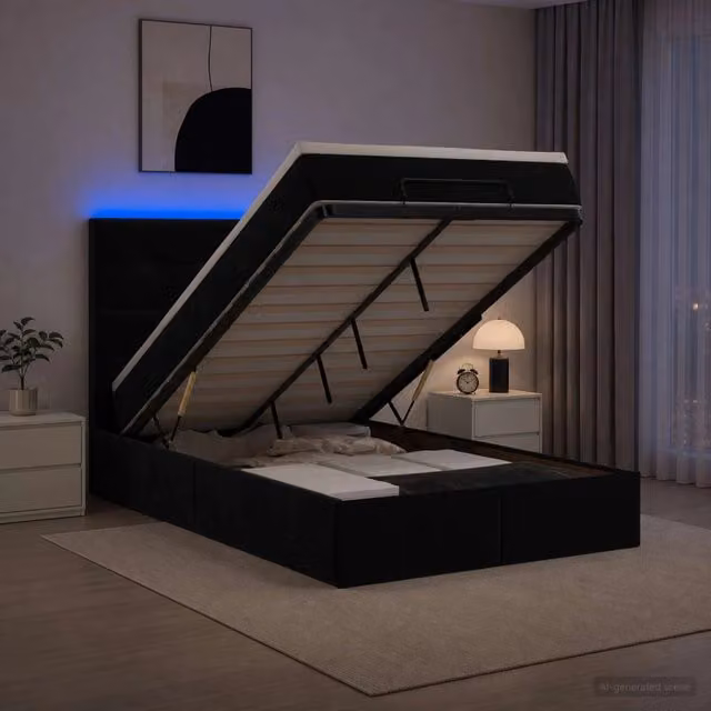 Letto Ottomano Moderno vidaXL in Velluto con Materasso Ibrido e Illuminazione LED Sotto il Letto, L/P/H: 200 x 120 x 88 cm