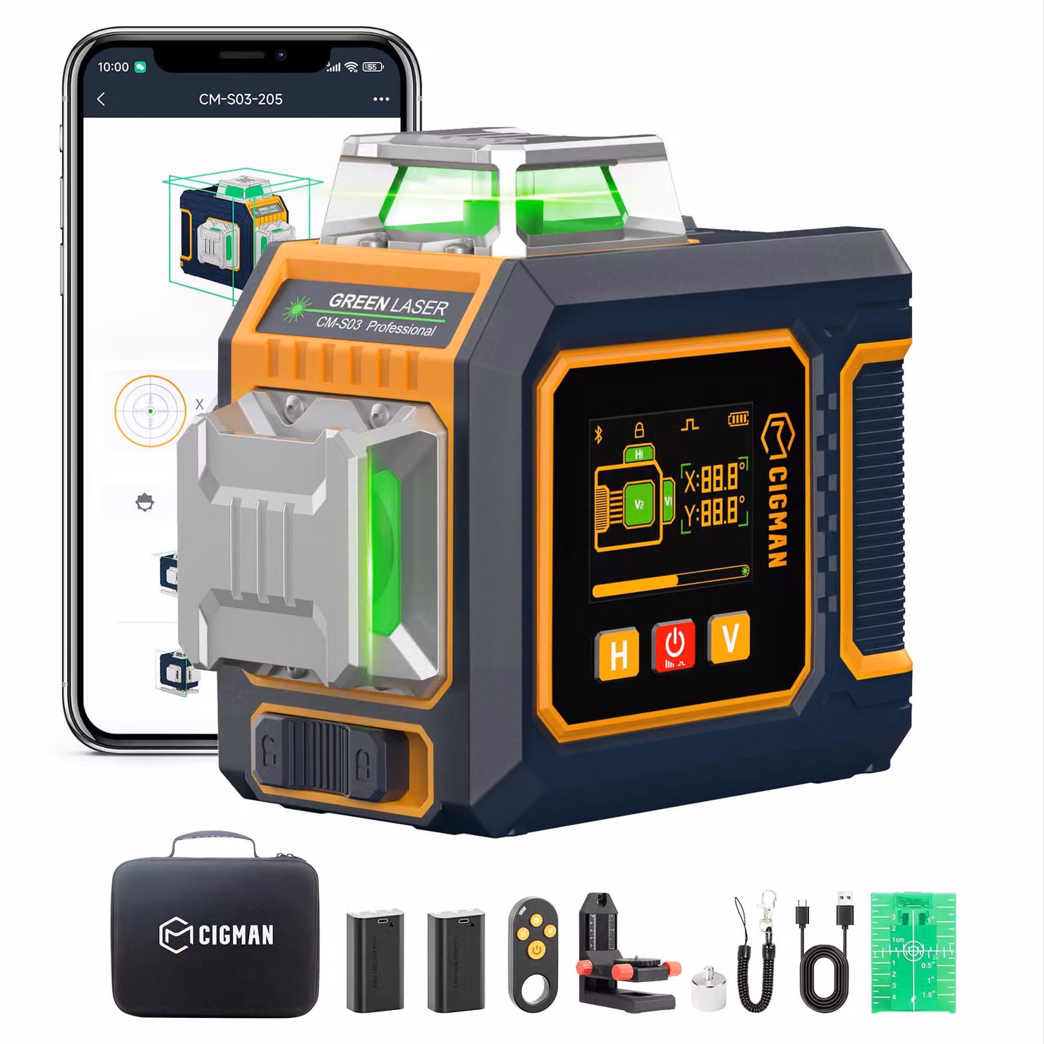 Livella laser a croce, 3x360 gradi, verde, autonivelante, con ricarica USB-C
