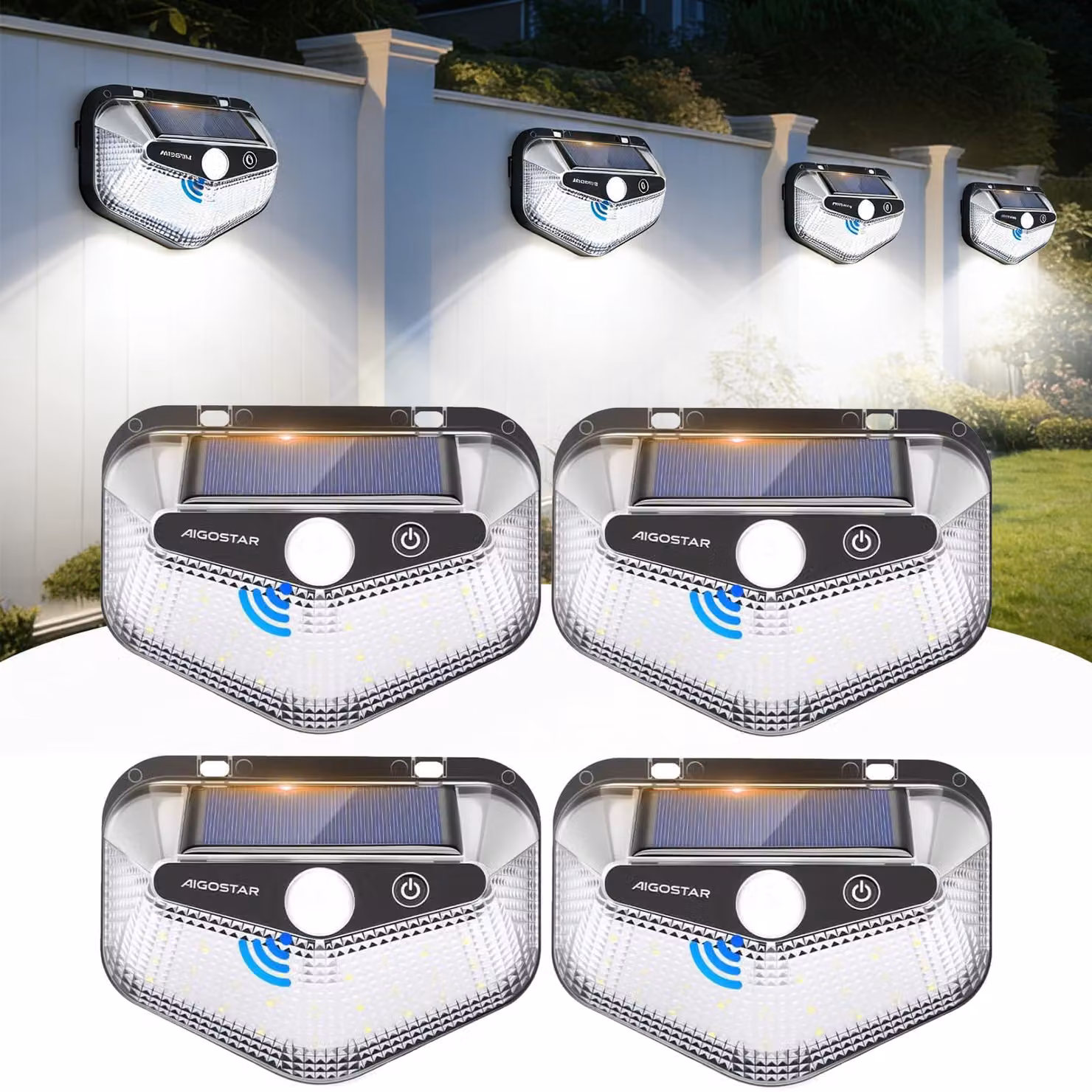 Set di 4 luci solari da esterno con sensore di movimento, LED a 270°, grado di protezione IP65