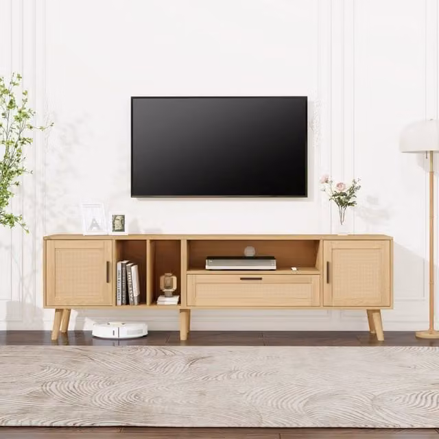 Mobile TV REDOM in stile scandinavo effetto legno rovere e dettagli in rattan, colore marrone e beige, Larghezza: 180 cm