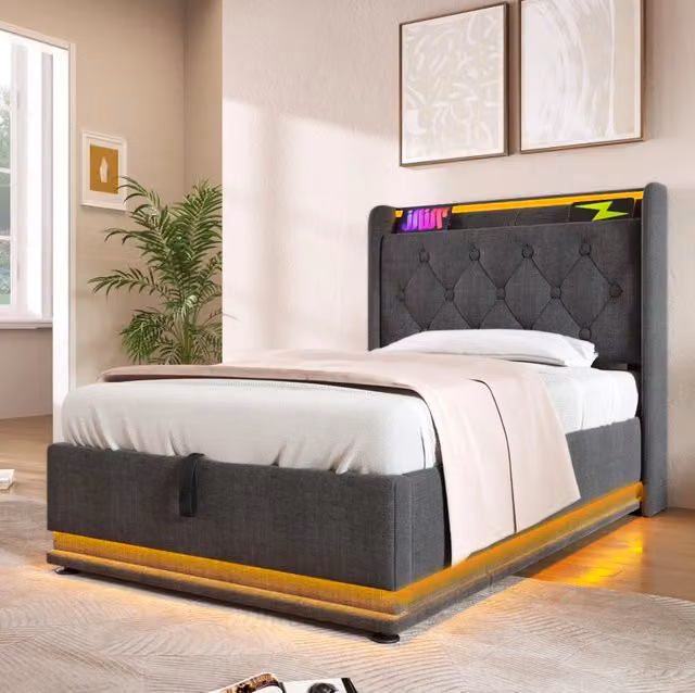 Letto singolo 90x200 cm; LED 360°; contenitore idraulico; lino grigio (Senza materasso)