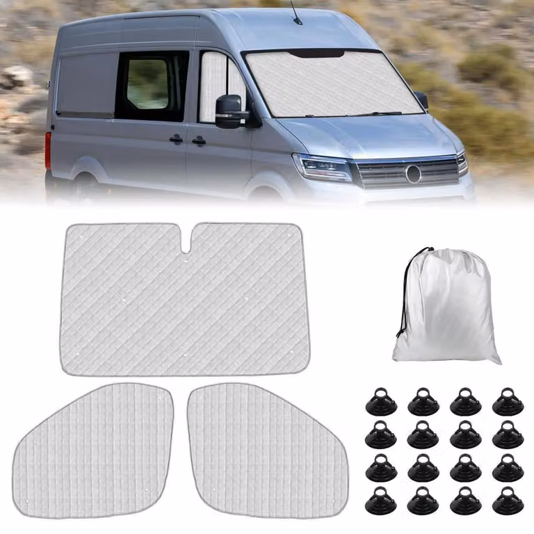 Parasole per parabrezza, composto da 3 pezzi, per VW Crafter/Grand California dal 2006 al 2017. Tappetino termico in alluminio, pieghevole