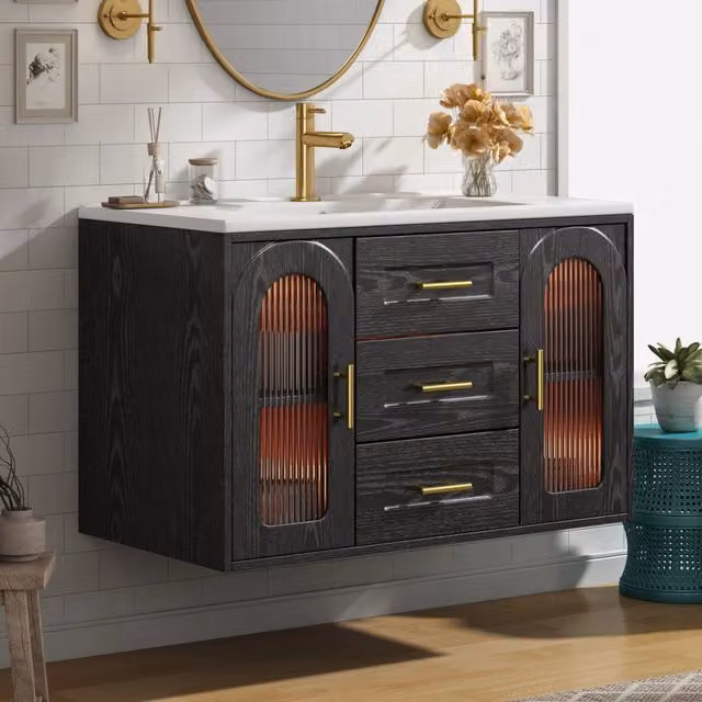 Mobile bagno sospeso con lavabo in ceramica, MDF nero e vetro scanalato