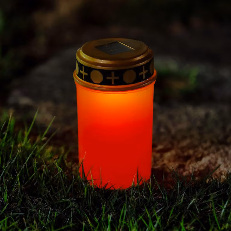 Candele solari da montaggio a palo – luce LED bianco caldo e tremolante – 7,3 x 20,5 cm – rosso/bianco, 1 pezzo [13001]