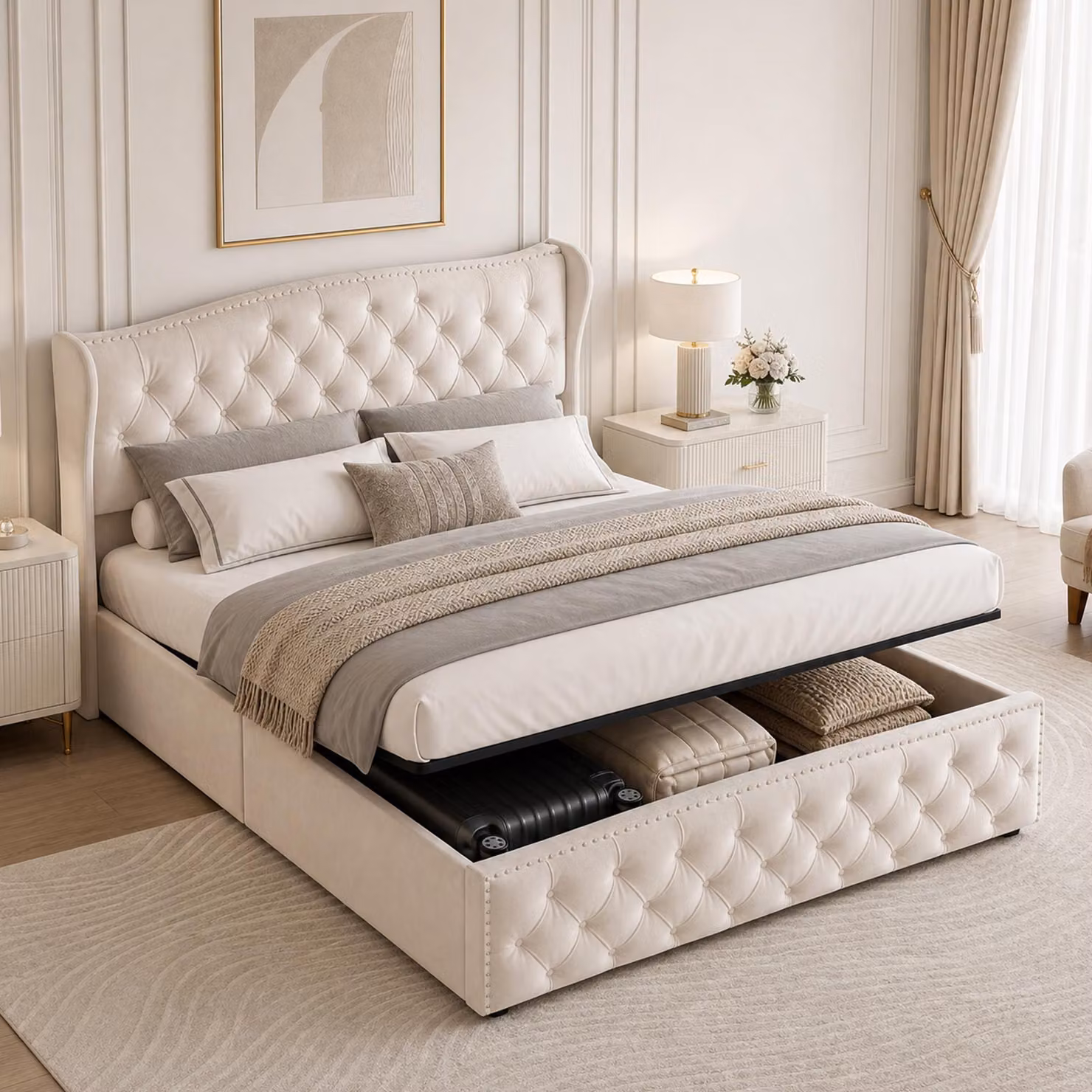 Letto imbottito INONEFT, 140x190 cm, con struttura a molle, contenitore, sistema di sollevamento idraulico, letto per ragazzi, letto matrimoniale con rete a doghe, color beige