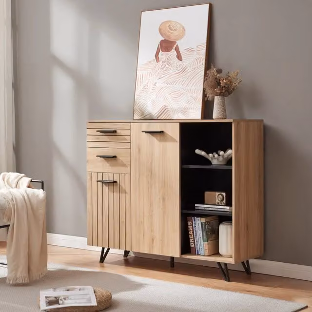 Credenza Noppen en.casa con cassetti e ante, effetto rovere marrone e nero, L: 120 cm, H: 100 cm, P: 38 cm