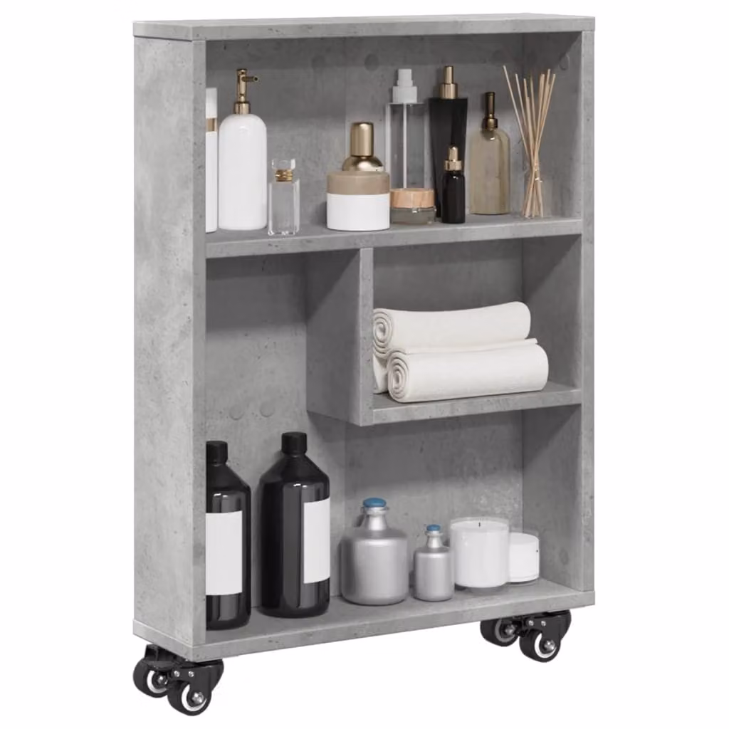 vidaXL Carrello Stretto in MDF Grigio Cemento con Ruote L 48 x P 13 x H 68 cm