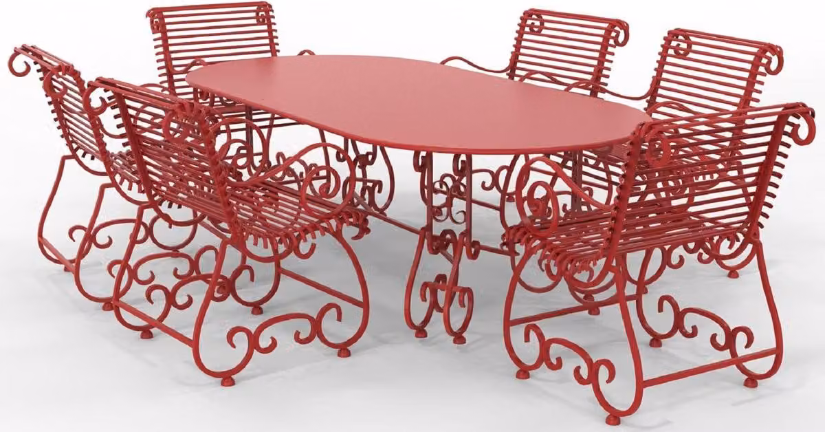 Casa Padrino Set di mobili da giardino in ferro battuto liberty - Vari colori - 1 tavolo ovale e 6 sedie da giardino con braccioli - Mobili da giardino e da giardino in ferro battuto liberty
