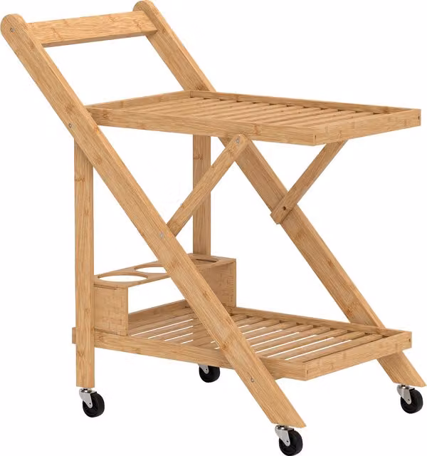 Carrello da cucina portavivande pieghevole HOMCOM a 2 livelli con portabottiglie in legno di bambù marrone