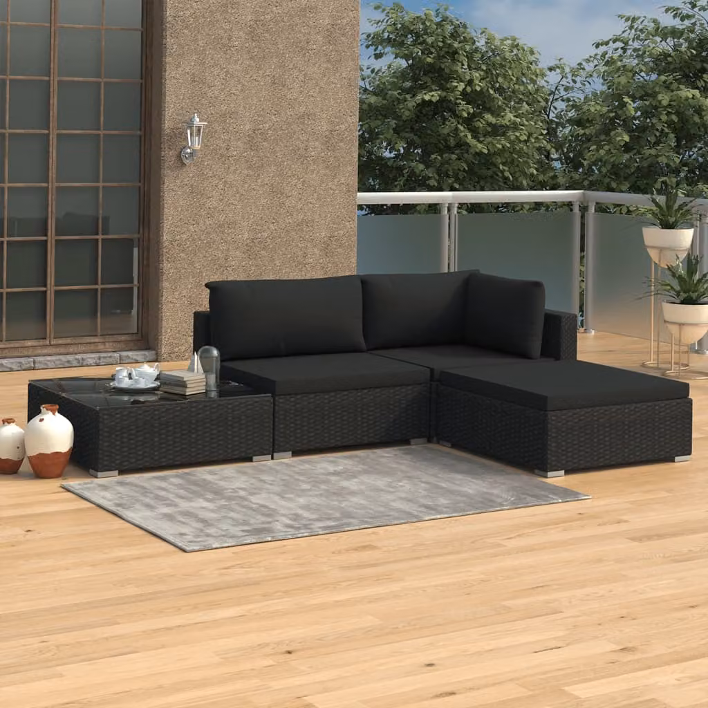The Living Store Set salotto da giardino 4 pezzi con cuscini in poly rattan nero