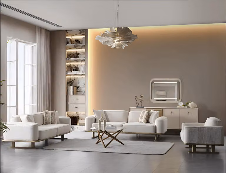 Designer Weiße Polstercouchen Stilvoller 3-Sitzer Textilcouchen 2tlg