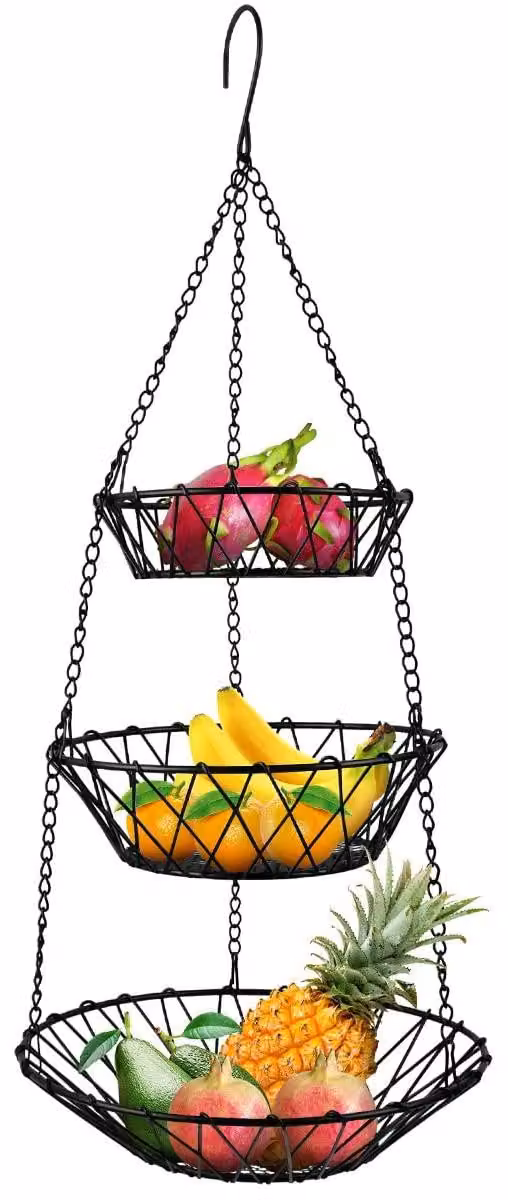 Cesto per frutta a 3 scomparti - Cesto sospeso per verdure - Contenitore portaoggetti - Materiale resistente - Design elegante - Palette di colori neutra
