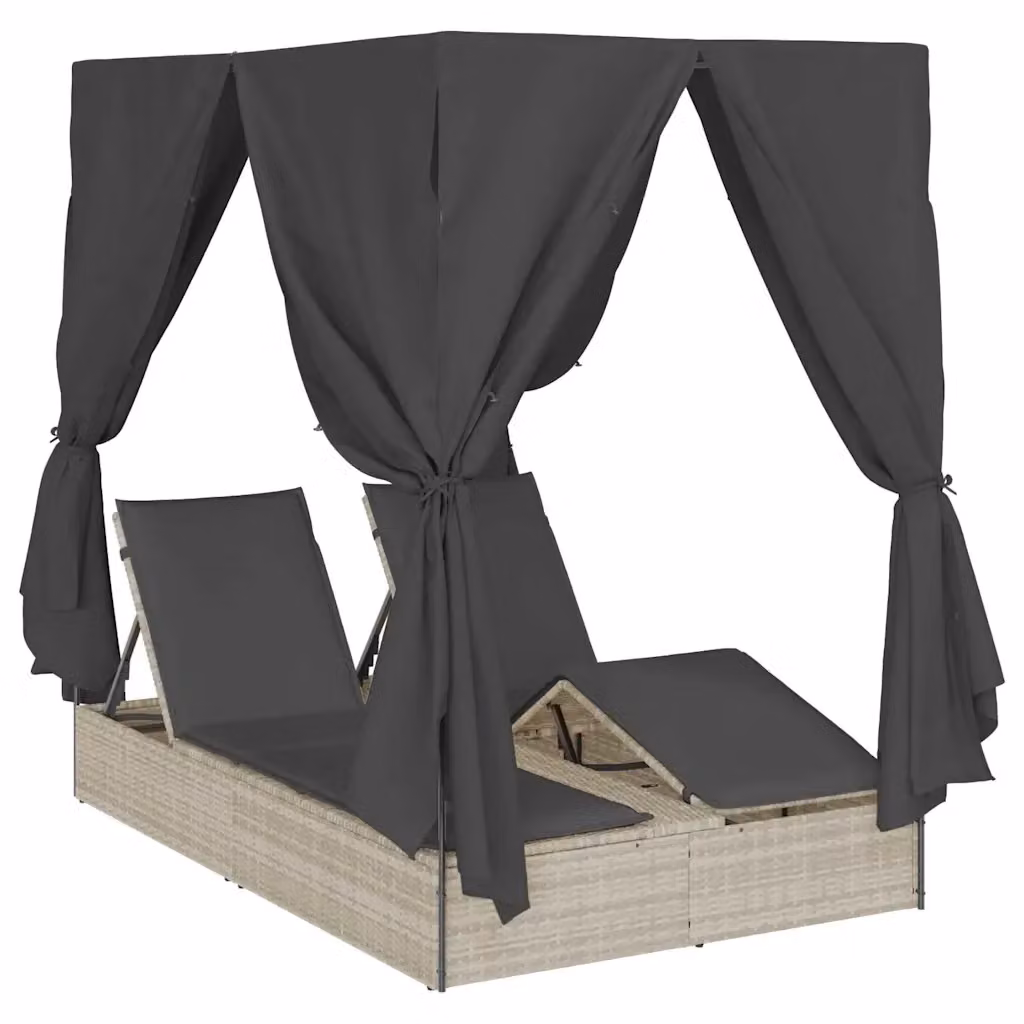 vidaXL Lettino da sole doppio in polyrattan grigio chiaro con parasole e poggiatesta regolabile L/P/H: 205 x 129 x 200 cm – 2