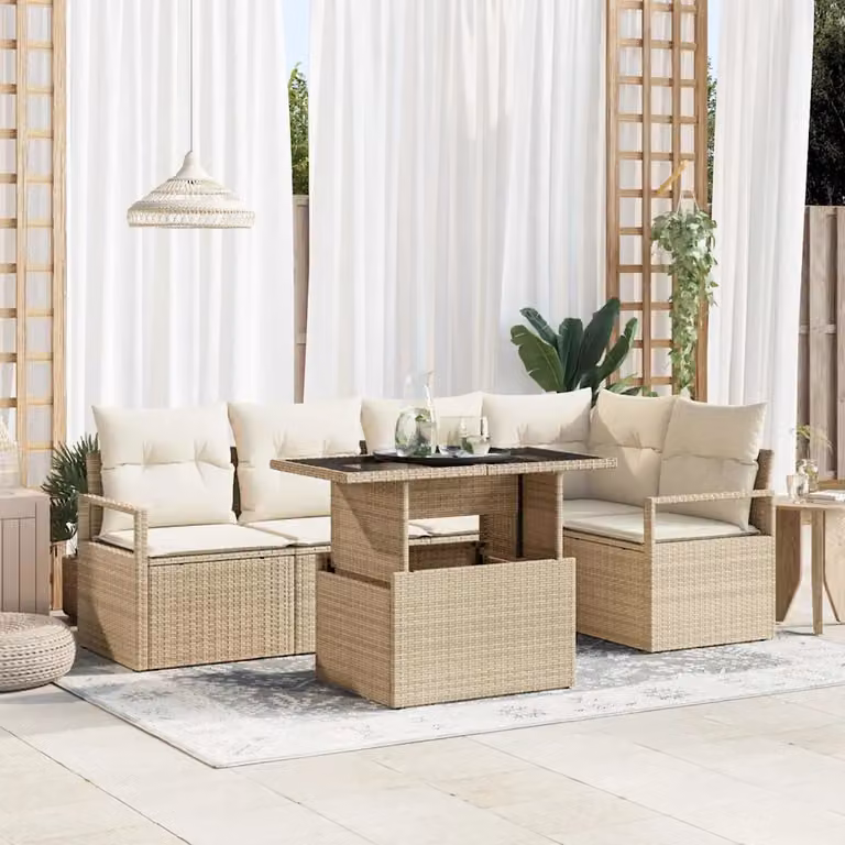 Set Divano da Giardino vidaXL a Forma di L con Tavolino in Vetro e Cuscini Beige, 6 Pezzi