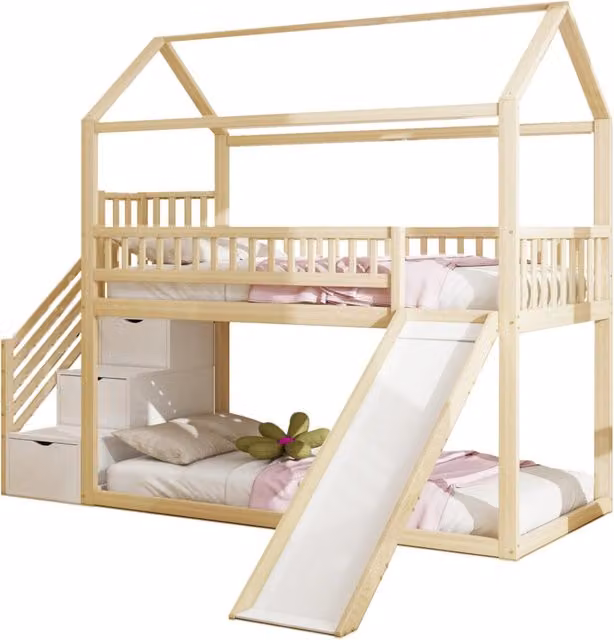 Letto a soppalco per bambini 90x200 cm con scivolo e scala contenitore; legno naturale