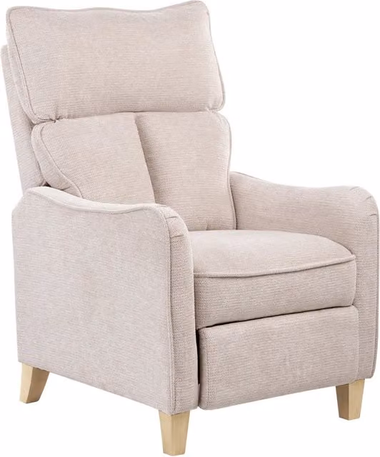Poltrona reclinabile in tessuto beige con schienale regolabile e poggiapiedi estraibile in stile vintage