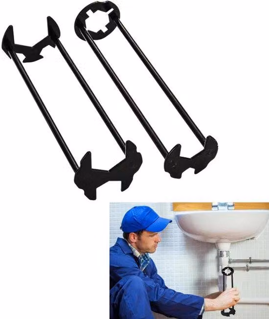 Strumento universale per la rimozione dei rubinetti - Set da 2 pezzi - Attrezzo idraulico multifunzione - Chiave multiuso - Nero - Per cucina, bagno e lavabo - Kit di installazione per rubinetti
