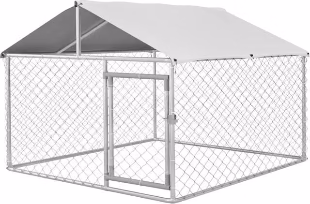 Recinto per cani taglia media da esterno GIORDANOSHOP con tetto impermeabile in poliestere e struttura in acciaio zincato, Argento, H 150 x L 200 x P 200 cm – 1