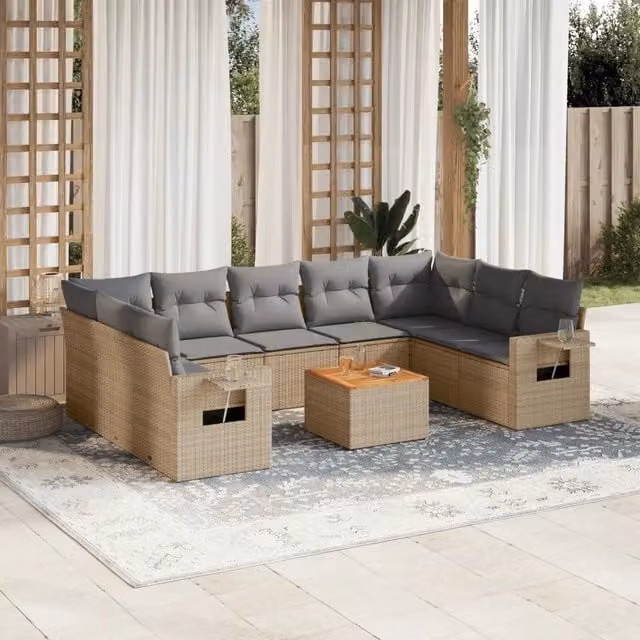 Set Divano da Giardino Moderno VIDAXL in Polyrattan con Cuscini Beige, 10 Pezzi, Forma a L