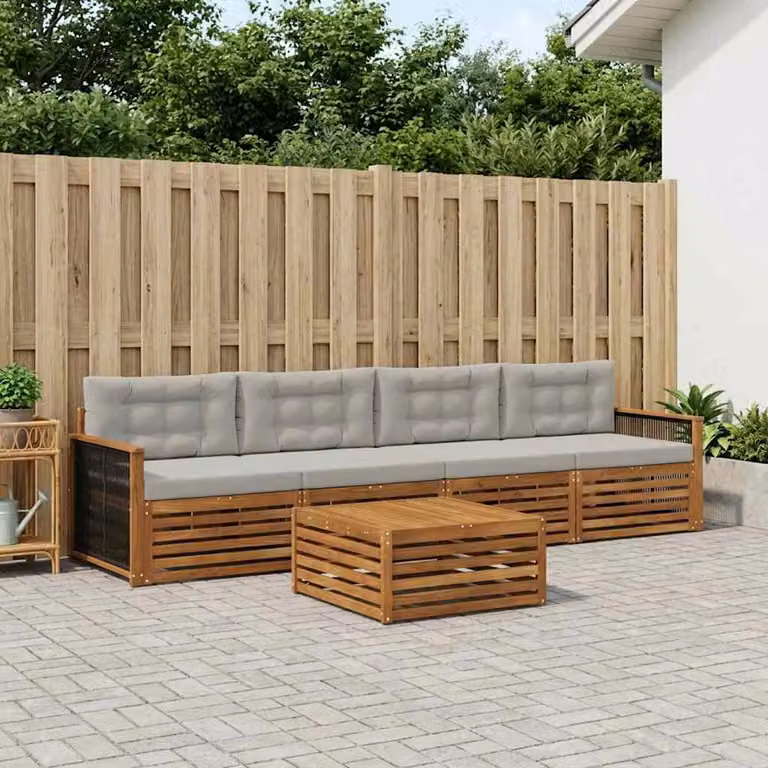 Set di divani da esterno vidaXL 5 pezzi in legno di acacia con cuscini beige e grigio chiaro e tavolino da giardino