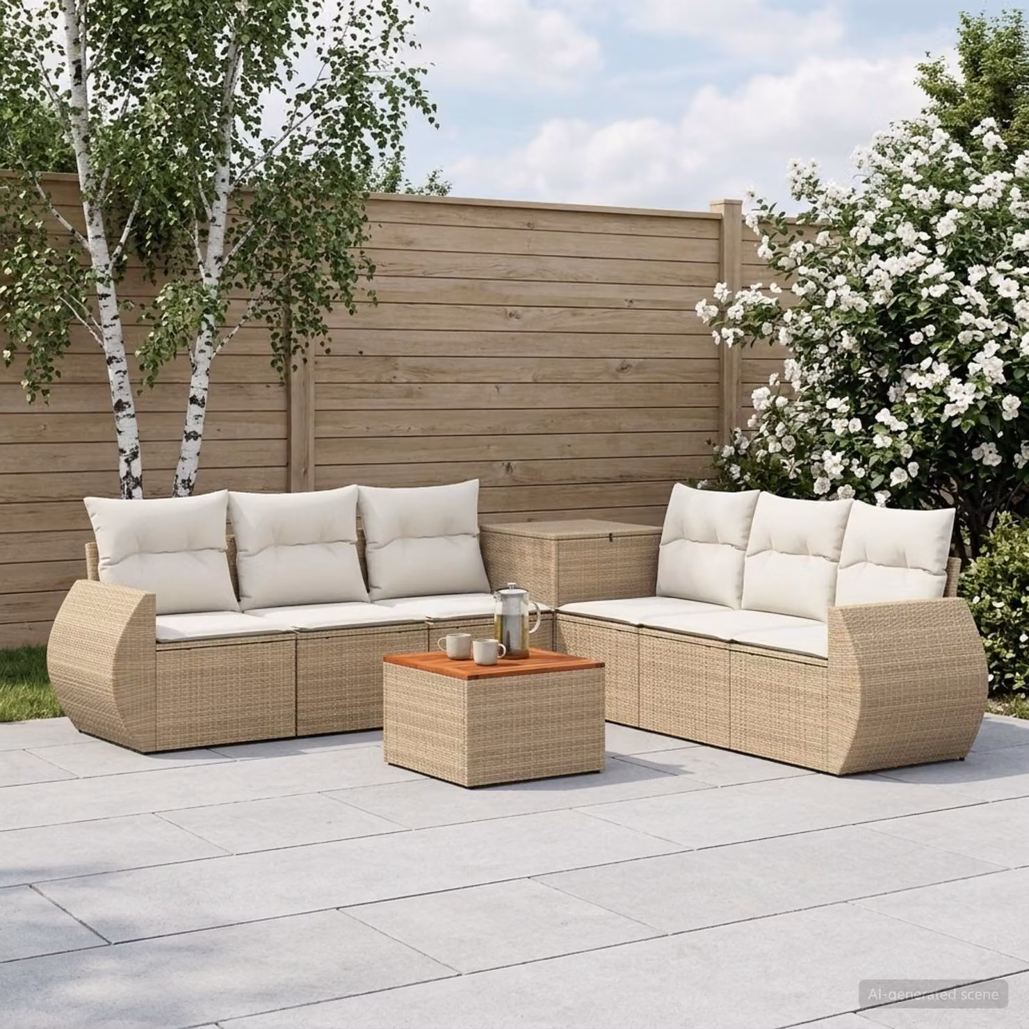 Set di divani da giardino vidaXL a forma di U in polyrattan con cuscini, beige e bianco crema