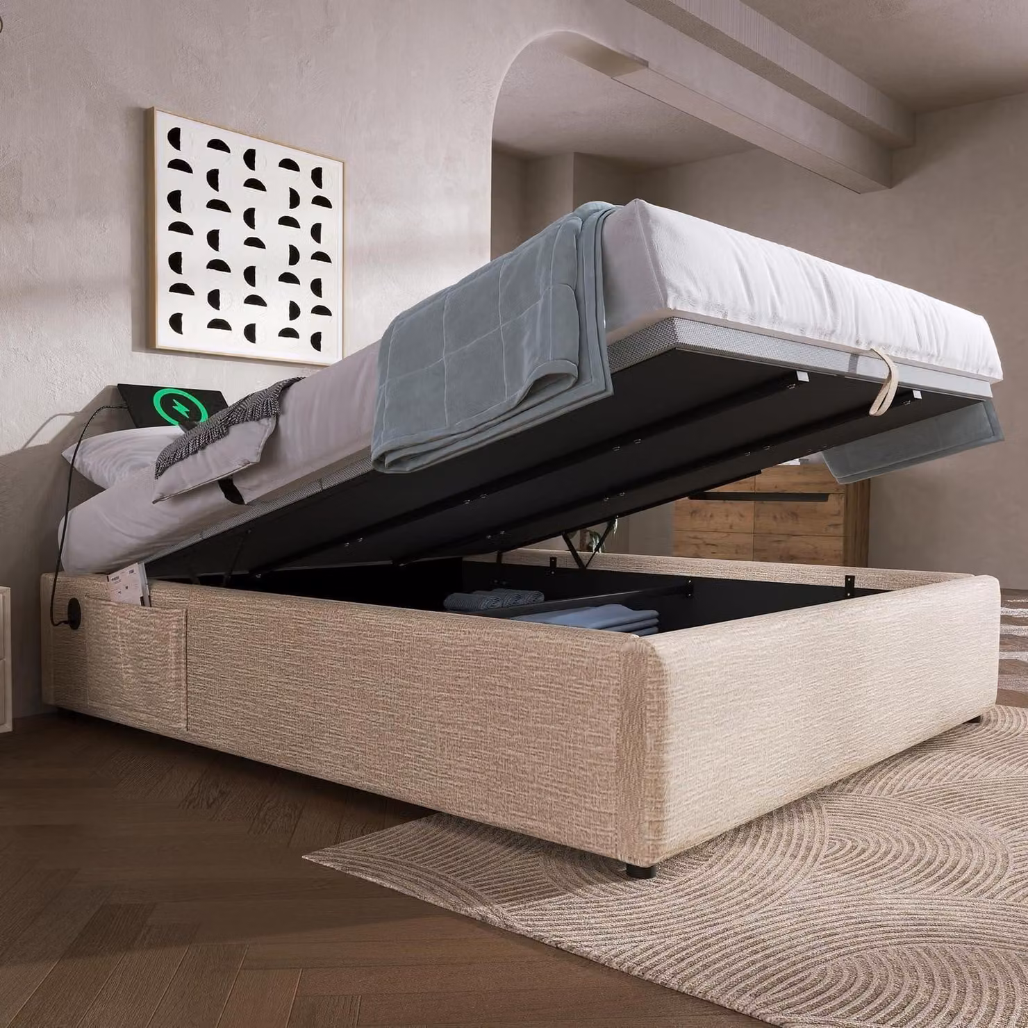 Letto imbottito 140x200 cm con porta USB-C, contenitore, senza testiera, effetto lino