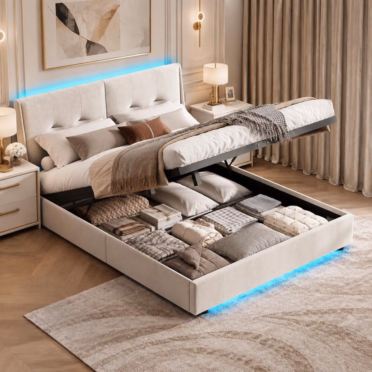 Letto idraulico INONEFT, 140 x 200 cm, con imbottitura, luci LED e spazio contenitore, letto per adulti con testiera imbottita e rete a doghe, rivestito in velluto, colore beige