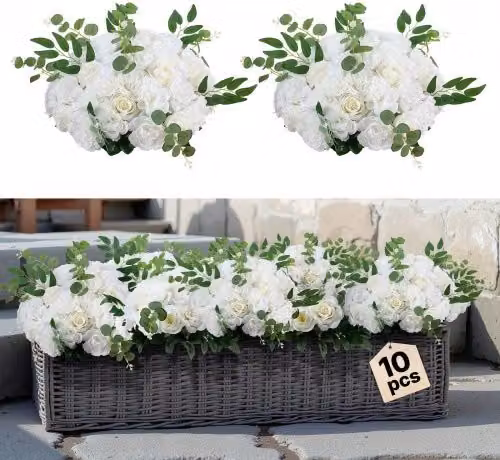 VEVOR Bouquet di Fiori Artificiali con Rose Bianche, Set da 10 Pezzi, Diametro: 45 cm, Ideale per Centrotavola da Matrimonio e Decorazioni per la Casa