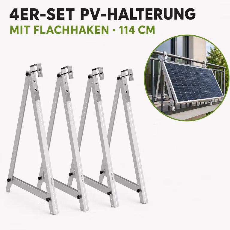 Kit di 4 supporti per impianti fotovoltaici da balcone, altezza 114 cm, regolabili da 0° a 90°, supporto per pannelli solari fotovoltaici con ganci piatti per ringhiere di balcone, IVA 0%.