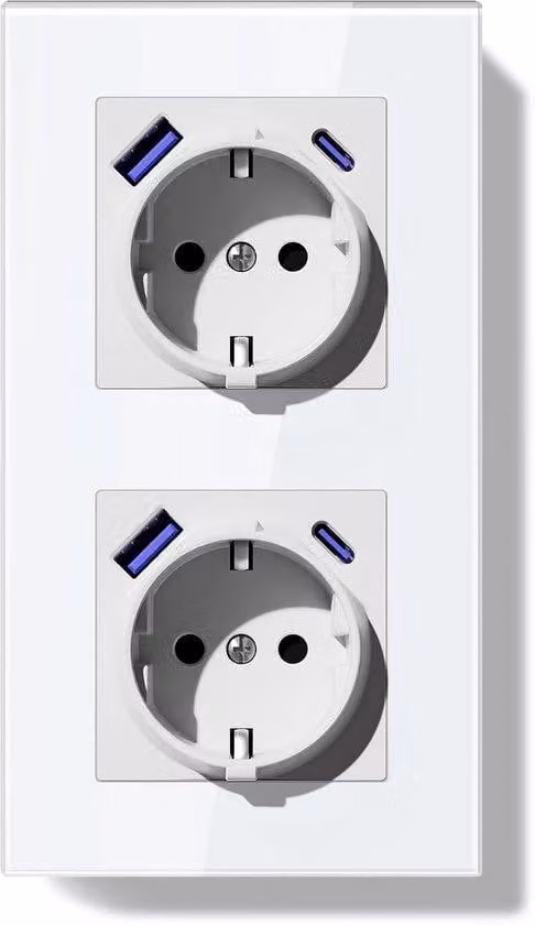 Prese a incasso con USB-A e USB-C da 20W PD | Doppia presa, 16A | Cornice bianca, standard Schuko
